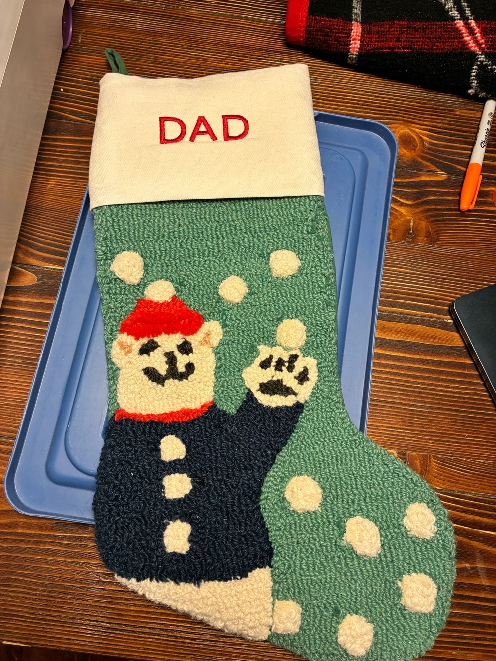 DAD Green Christmas Stocking with polar bear-pottery barn kids hook and loop